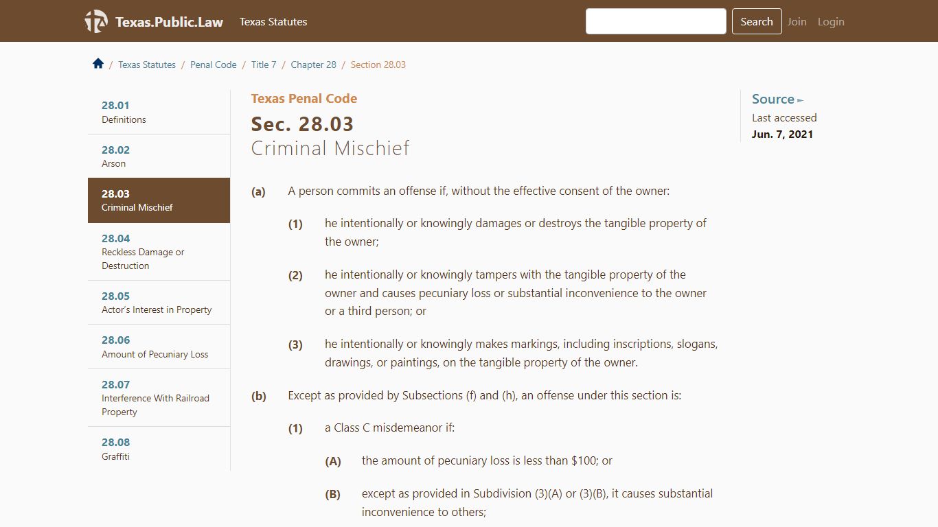 Texas Penal Code Section 28.03 - Criminal Mischief